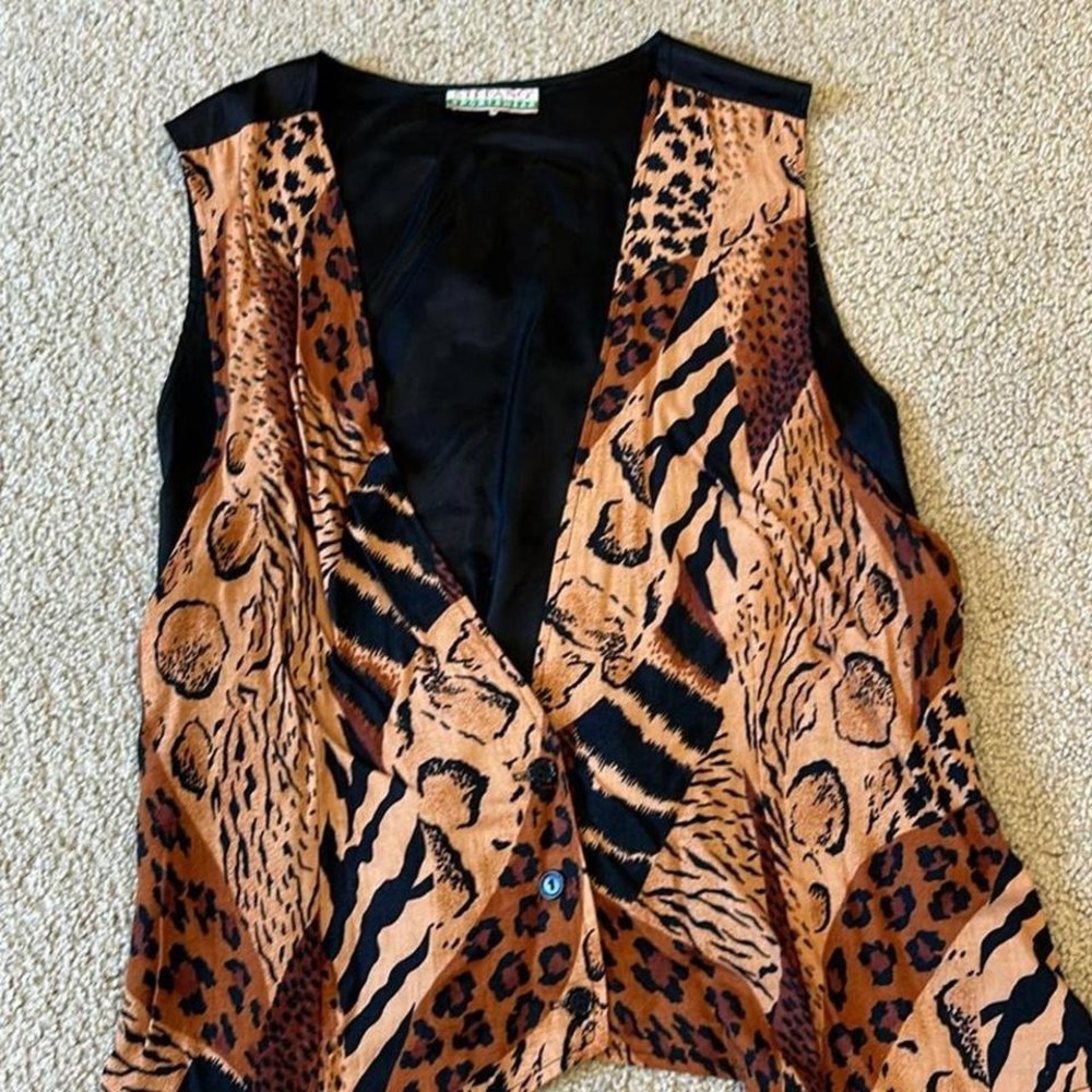 Stefano Brown and black vintage 90s animal print vest with button up‎ front vest